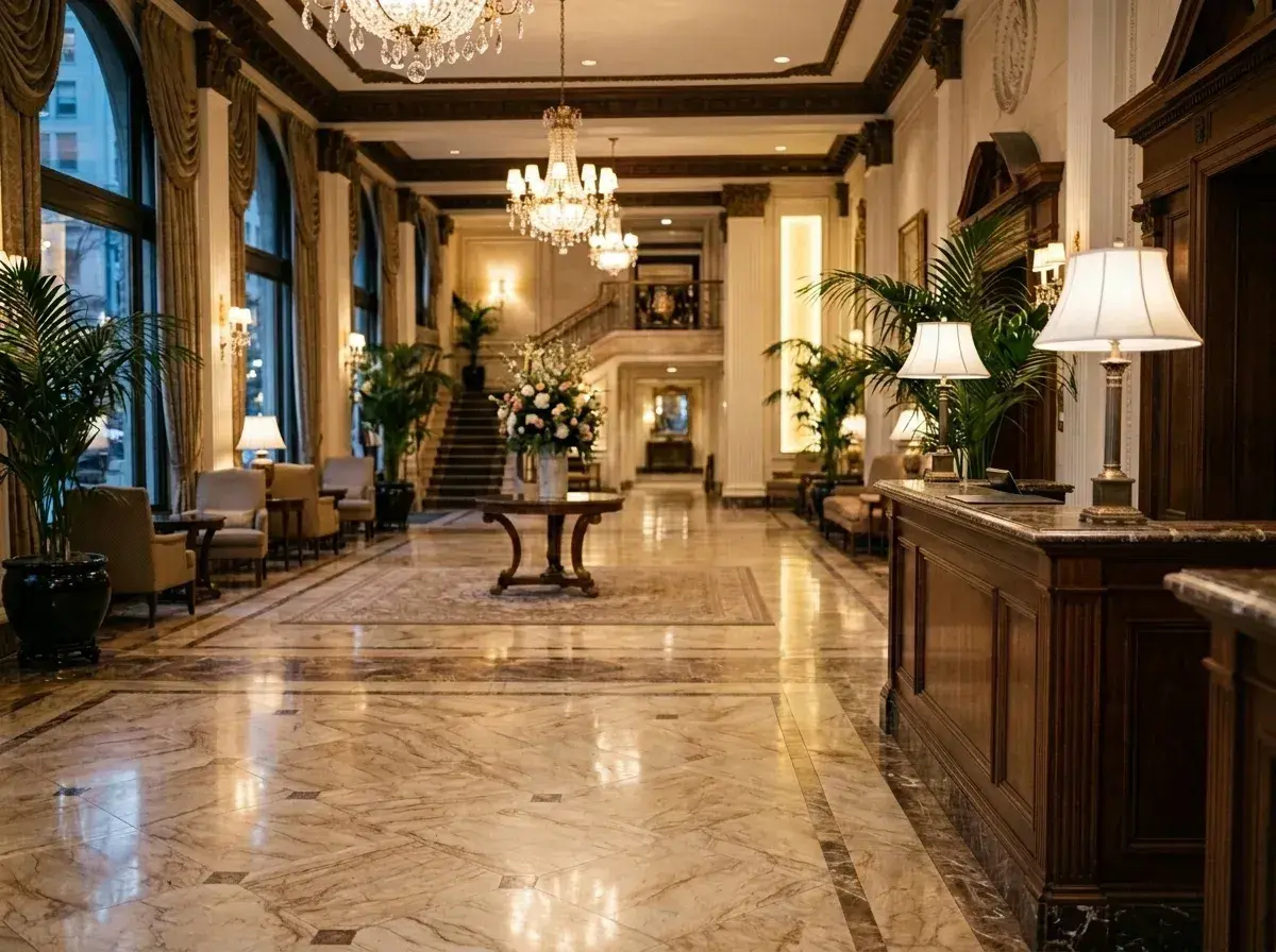 An empty luxury hotel lobby with polished marble floors, large windows, potted palms, and ornate chandeliers.