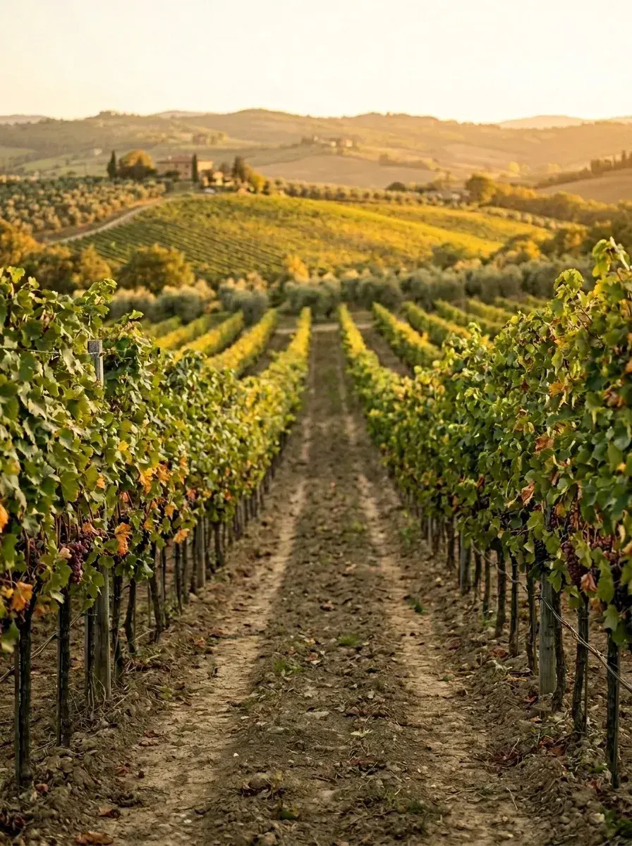 An empty dirt path between rows of grapevines in a hilly landscape.