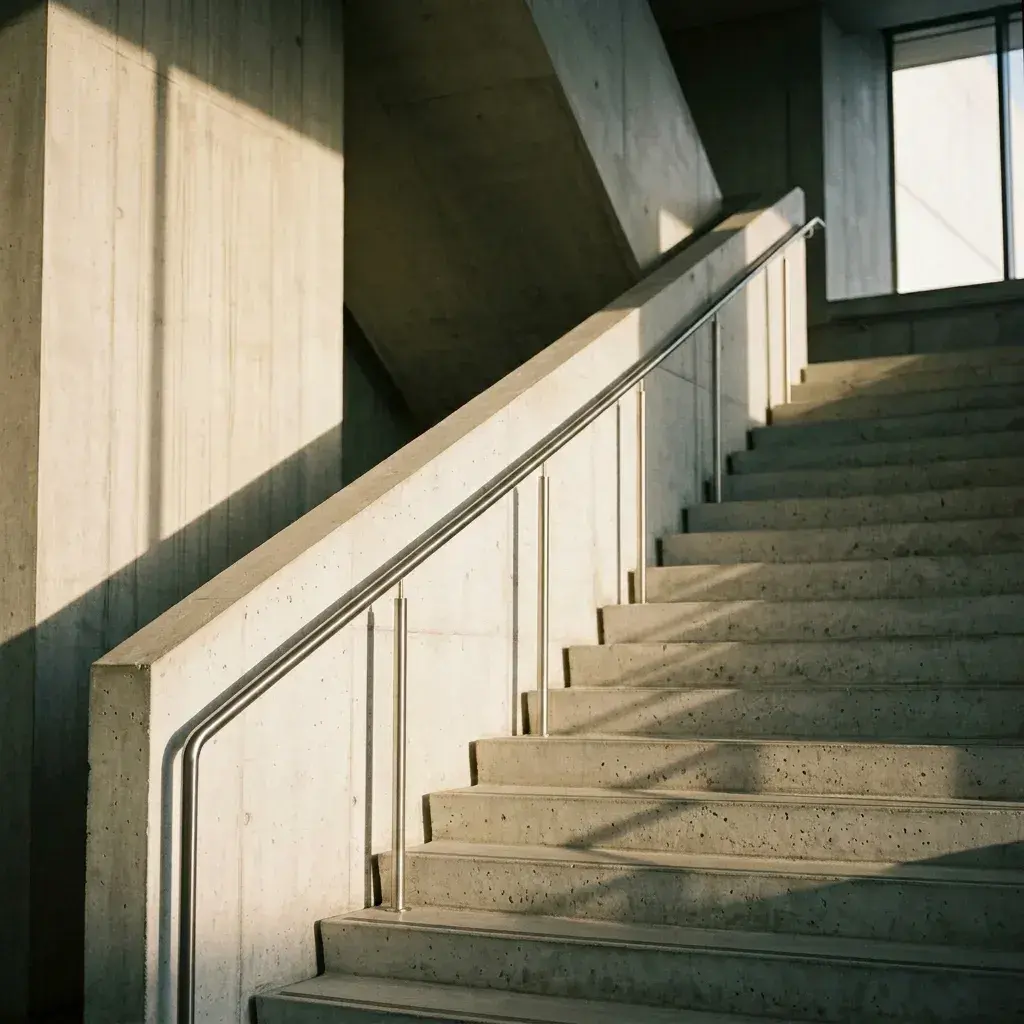 An empty concrete staircase in a modern building with sunlight casting shadows.