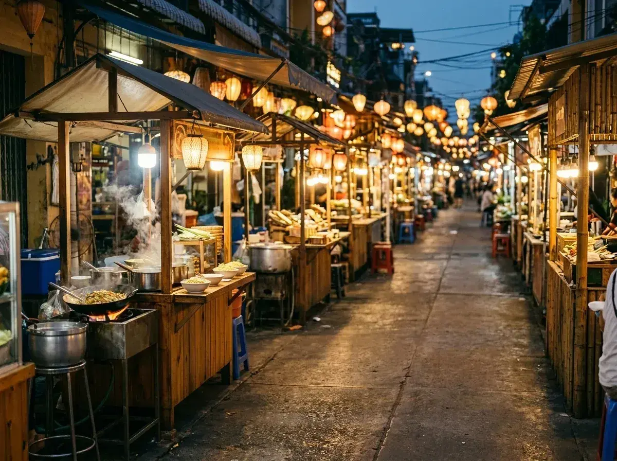 The same night market scene with the chef still cooking, but the pedestrians in the center of the street have been removed.